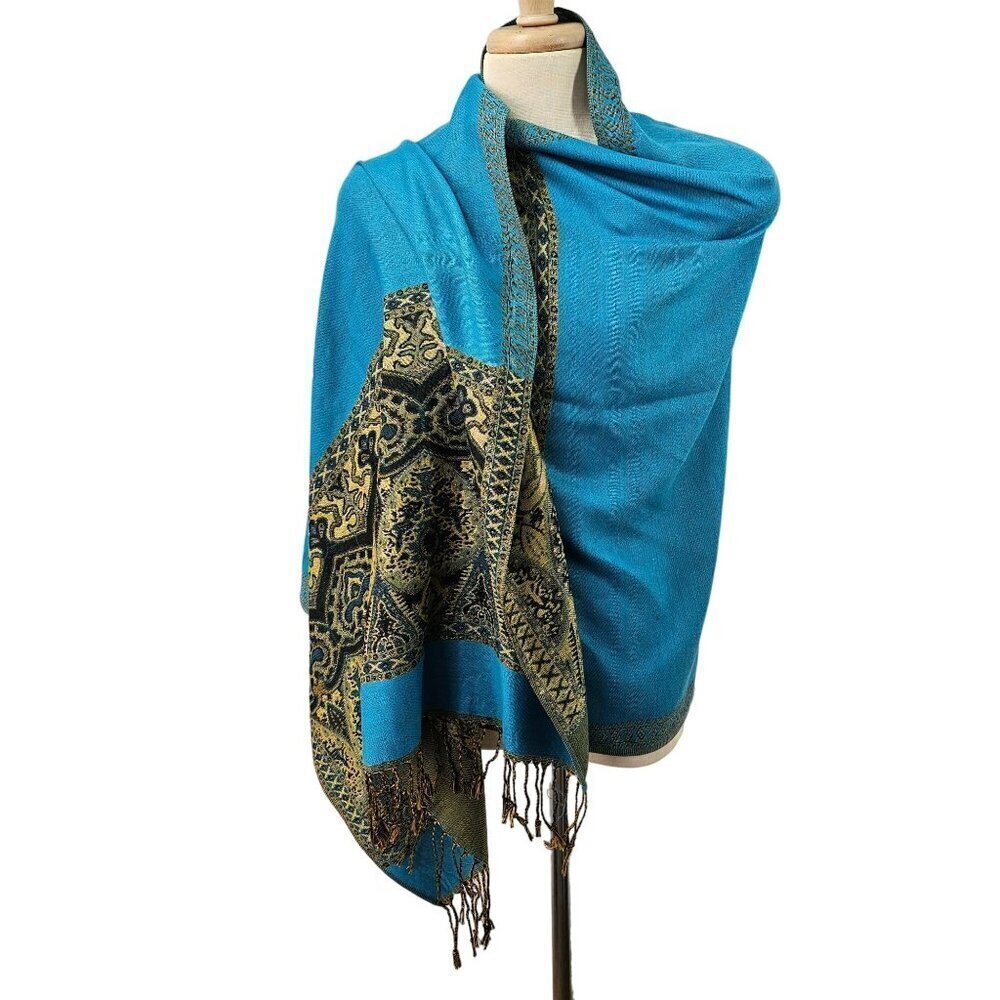 Pashmina 100% Pashmina Woven Shawl Wrap Turquoise Golden 86 x 28 Tassels